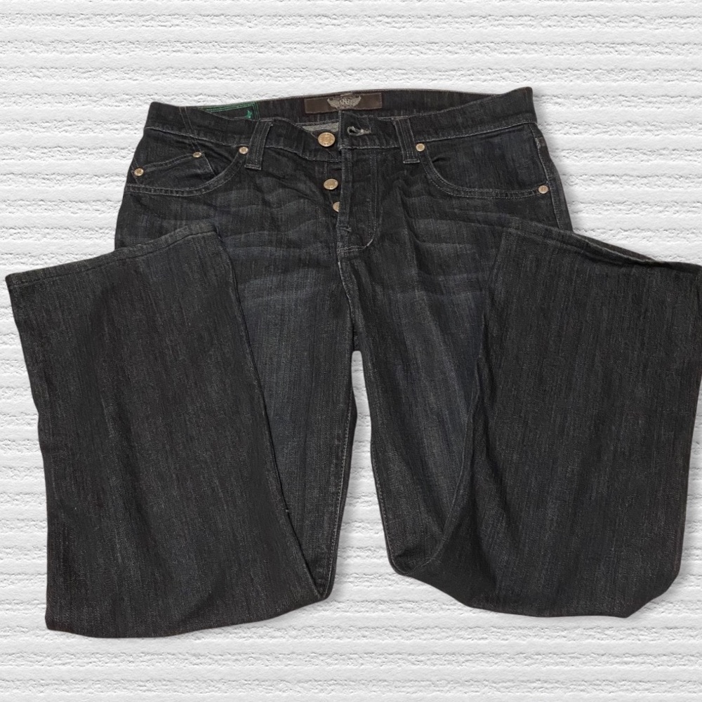 Rock & Republic Jeans Dark Blue 36 NEIL Button Fly Green Pocket Logo - Picture 2 of 13